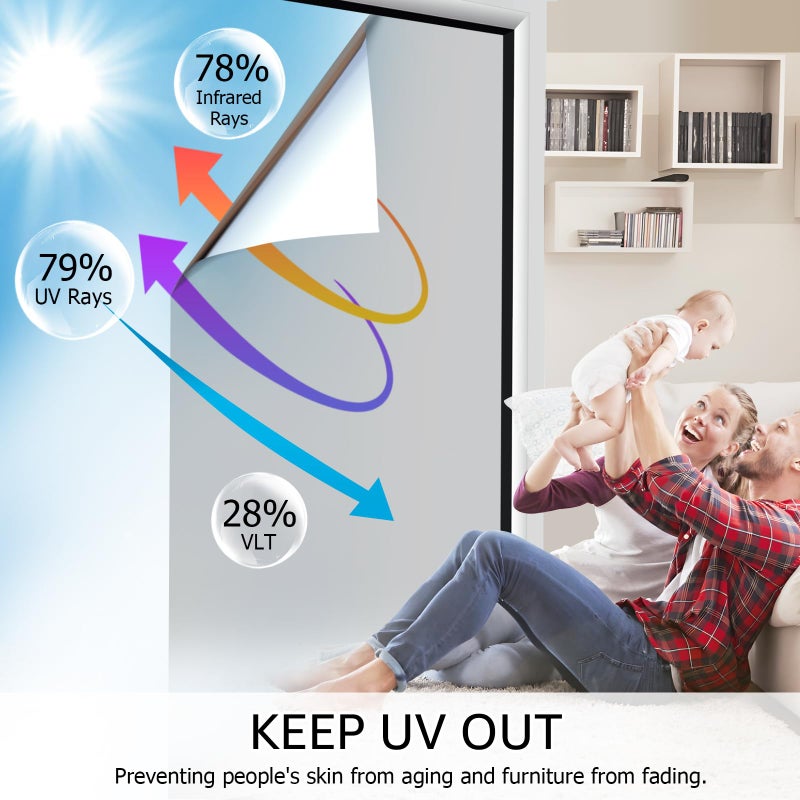 HIDBEA One Way Privacy Window Film, Daytime Privacy Sun Blocking Anti UV Reflective Window Film Heat Control Static Cling Window Tint Film for Home and Office, Silver, 17.5 x 78.7 Inch - Image 2
